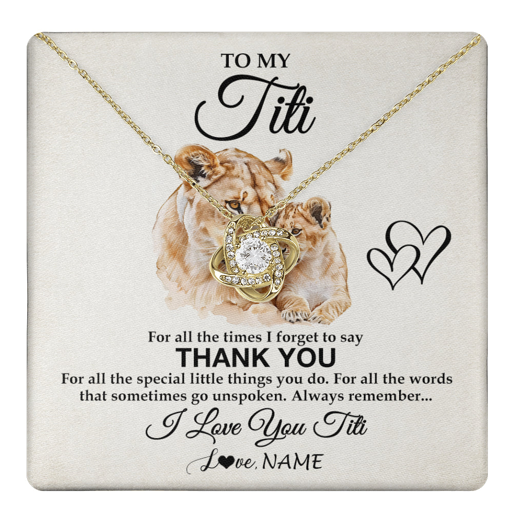 Love Knot Necklace 18K Yellow Gold Finish | 1 | Personalized To My Titi Necklace From Niece Nephew Thank You Lion Titi Gift For Mothers Day Birthday Gift Christmas For Titi Customized Gift Box Message Card | teecentury