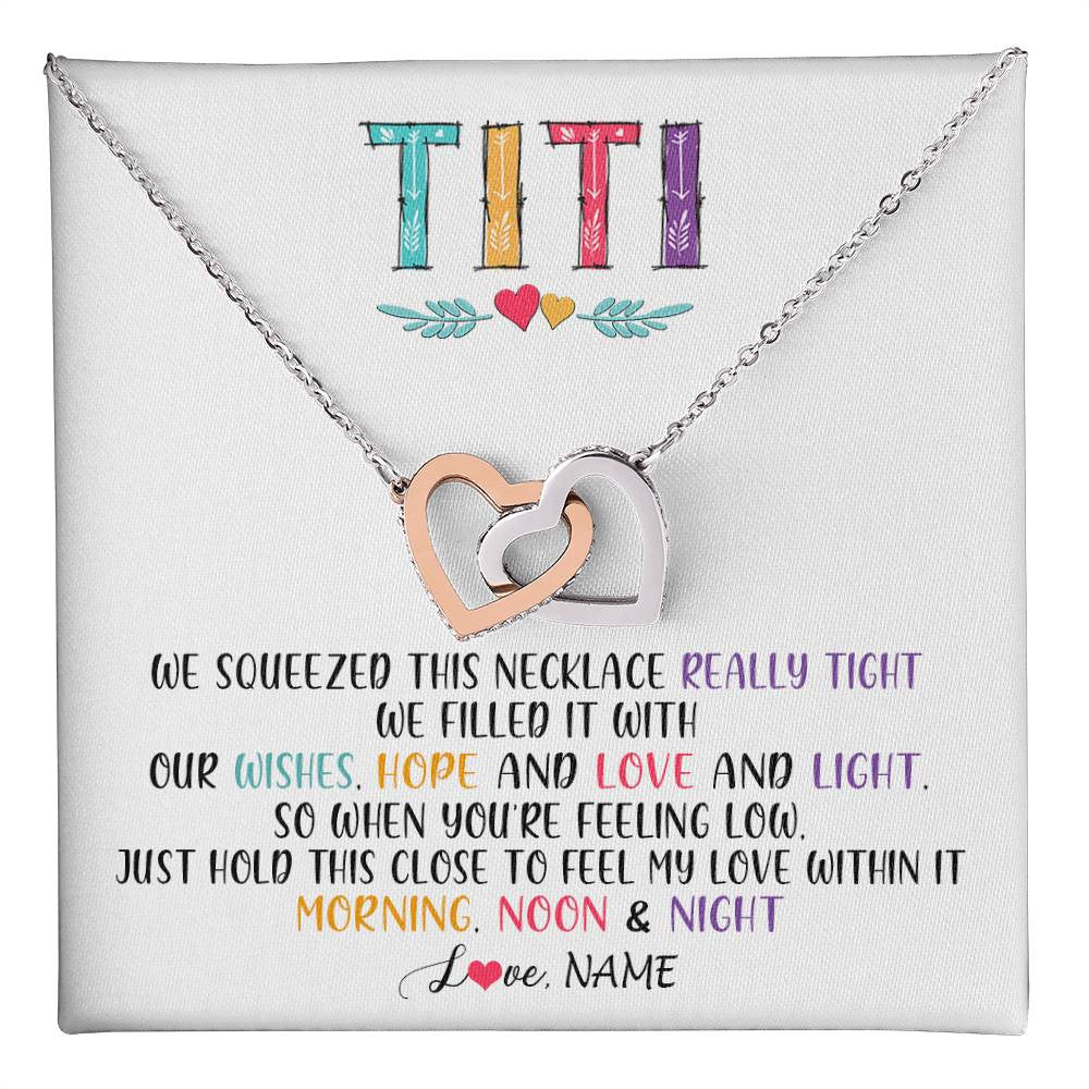 Interlocking Hearts Necklace Stainless Steel & Rose Gold Finish | 1 | Personalized To My Titi Necklace From Niece Nephew We Squeezed This Necklace Titi Birthday Mothers Day Christmas Jewelry Customized Gift Box Message Card | teecentury