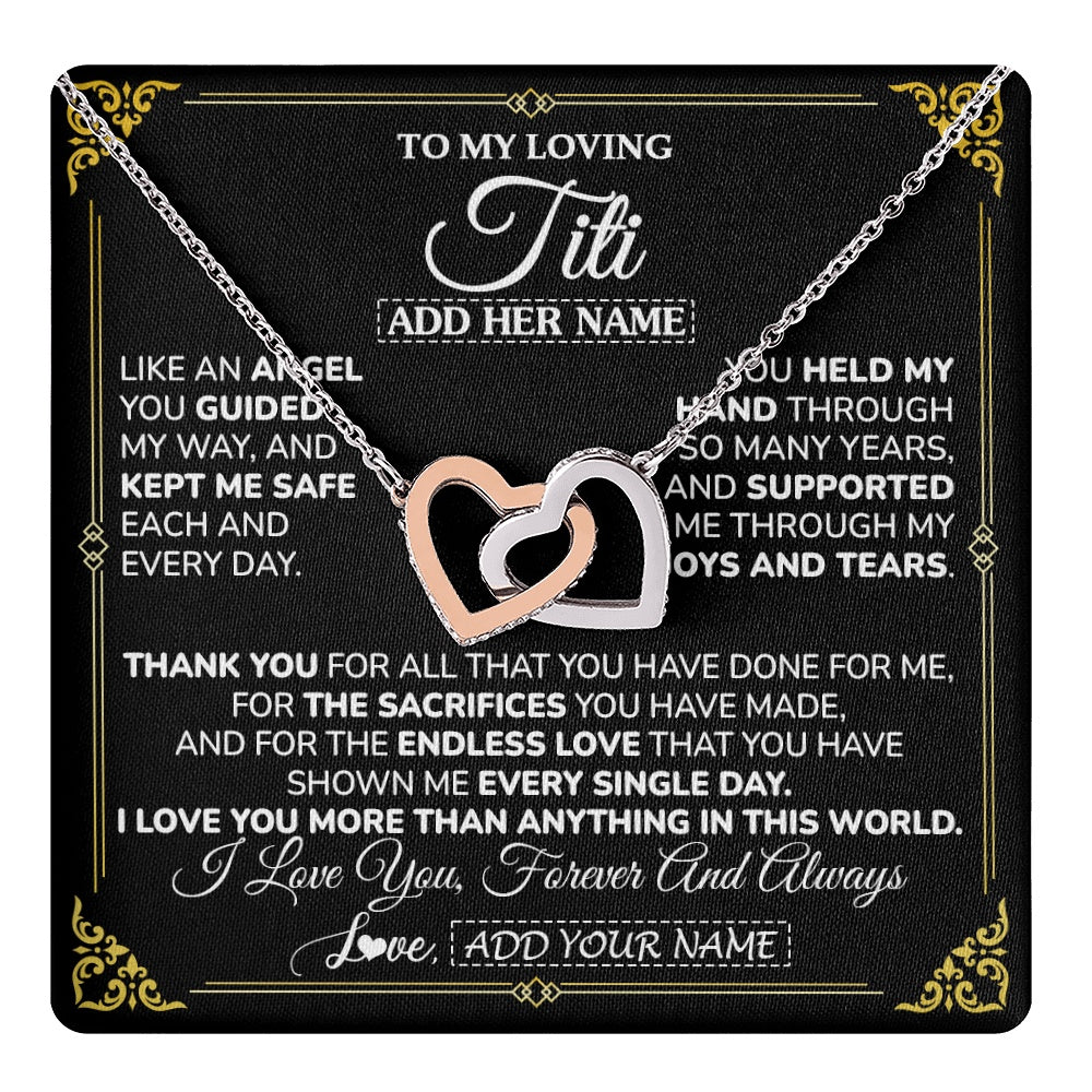 Interlocking Hearts Necklace Stainless Steel & Rose Gold Finish | 1 | Personalized To My Titi Necklace Gifts Meaningful Gift To Aunt From Niece Without You There Is No Me Mothers Day Birthday Custom Gift Box Message Card | https://teecentury.