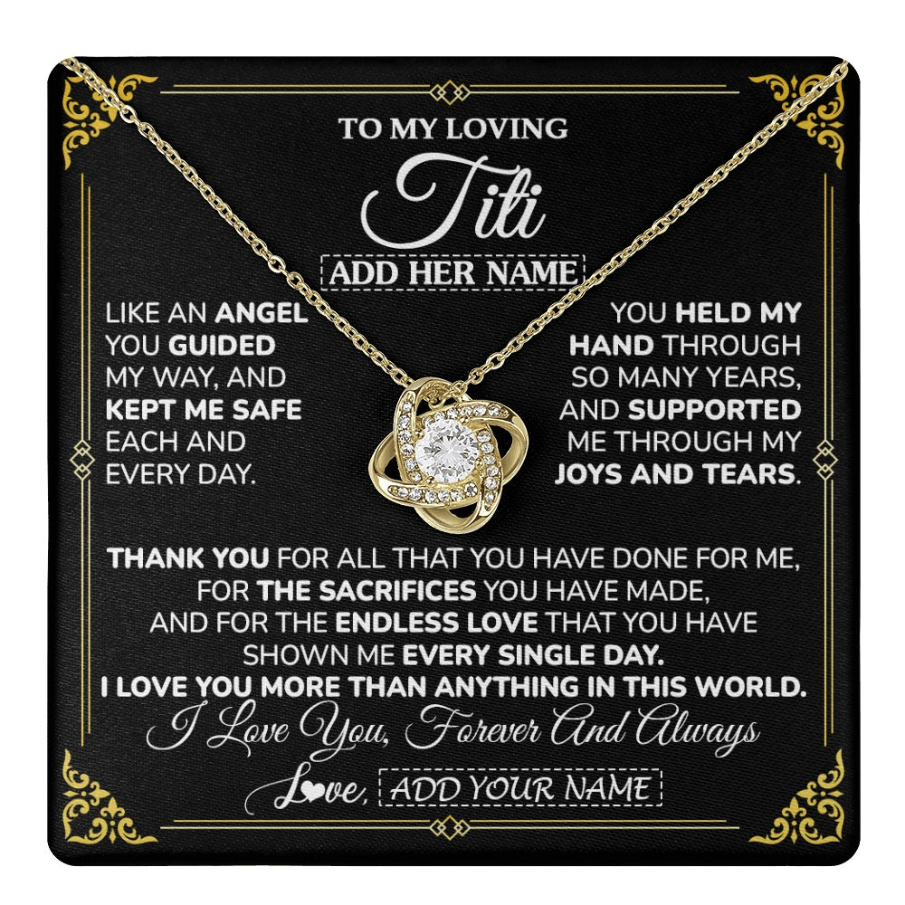 Love Knot Necklace 18K Yellow Gold Finish | 1 | Personalized To My Titi Necklace Gifts Meaningful Gift To Aunt From Niece Without You There Is No Me Mothers Day Birthday Custom Gift Box Message Card | https://teecentury.