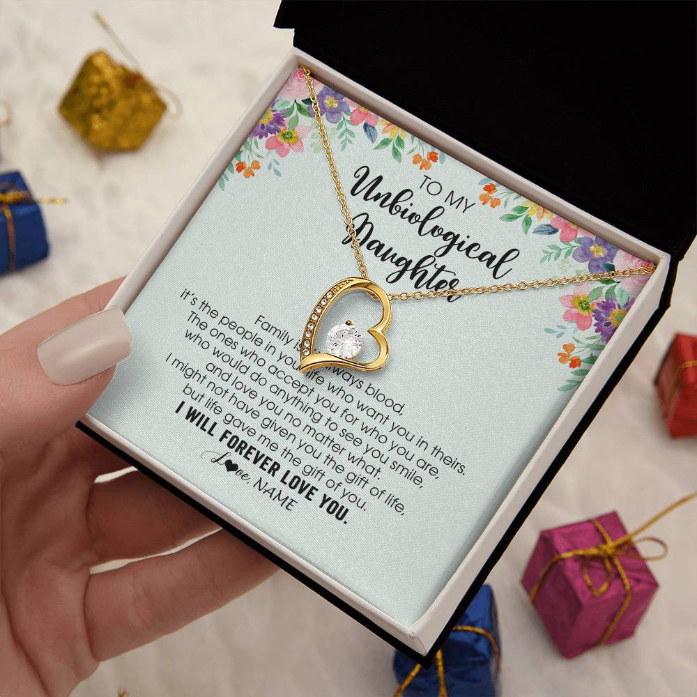 Forever Love Necklace 18K Yellow Gold Finish | 2 | Personalized To My Unbiological Daughter Necklace Family Isn't Always Blood Bonus Daughter Stepdaughter Birthday Christmas Customized Gift Box Message Card | teecentury
