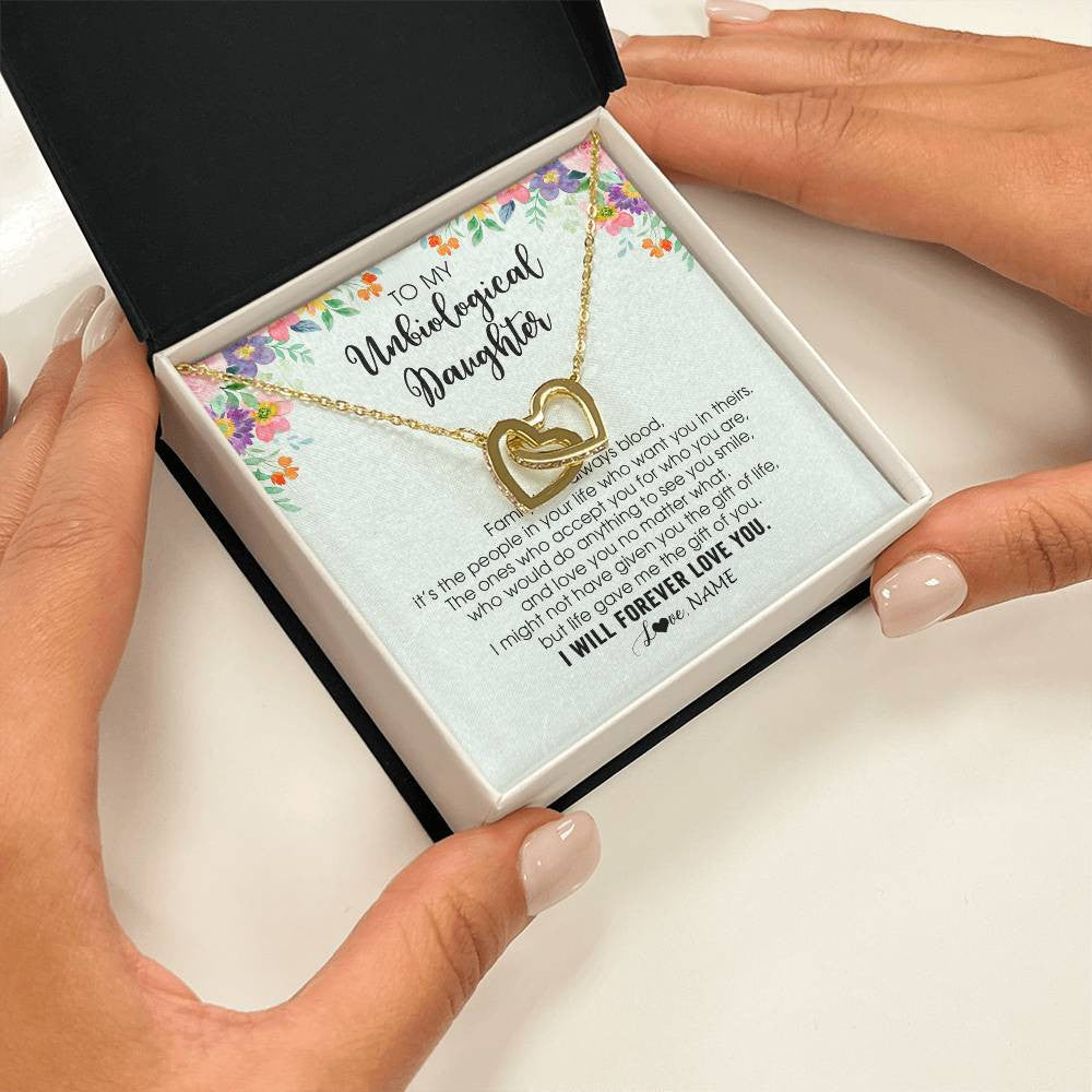 Interlocking Hearts Necklace 18K Yellow Gold Finish | 2 | Personalized To My Unbiological Daughter Necklace Family Isn't Always Blood Bonus Daughter Stepdaughter Birthday Christmas Customized Gift Box Message Card | teecentury