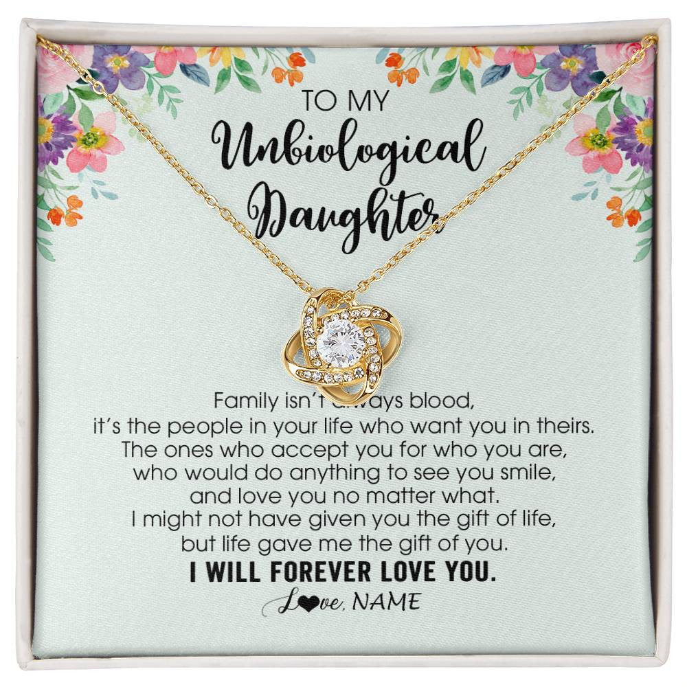 Love Knot Necklace 18K Yellow Gold Finish | 1 | Personalized To My Unbiological Daughter Necklace Family Isn't Always Blood Bonus Daughter Stepdaughter Birthday Christmas Customized Gift Box Message Card | teecentury