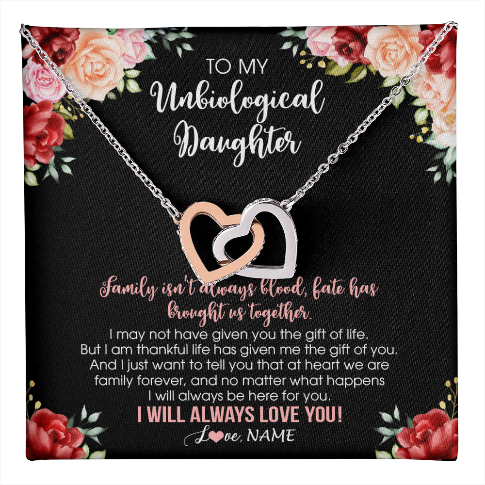 Interlocking Hearts Necklace Stainless Steel & Rose Gold Finish | 1 | Personalized To My Unbiological Daughter Necklace Family Together Birthday Gifts For Bonus Daughter Stepdaughter Christmas Customized Gift Box Message Card | teecentury