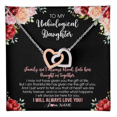 Interlocking Hearts Necklace Stainless Steel & Rose Gold Finish | 1 | Personalized To My Unbiological Daughter Necklace Family Together Birthday Gifts For Bonus Daughter Stepdaughter Christmas Customized Gift Box Message Card | teecentury