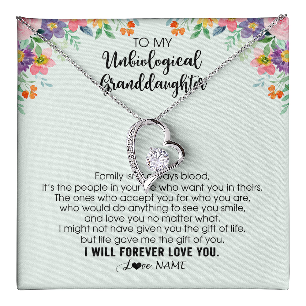 Forever Love Necklace 14K White Gold Finish | 1 | Personalized To My Unbiological Granddaughter Necklace Family Isn't Always Blood Bonus Granddaughter Birthday Gifts Christmas Customized Gift Box Message Card | teecentury