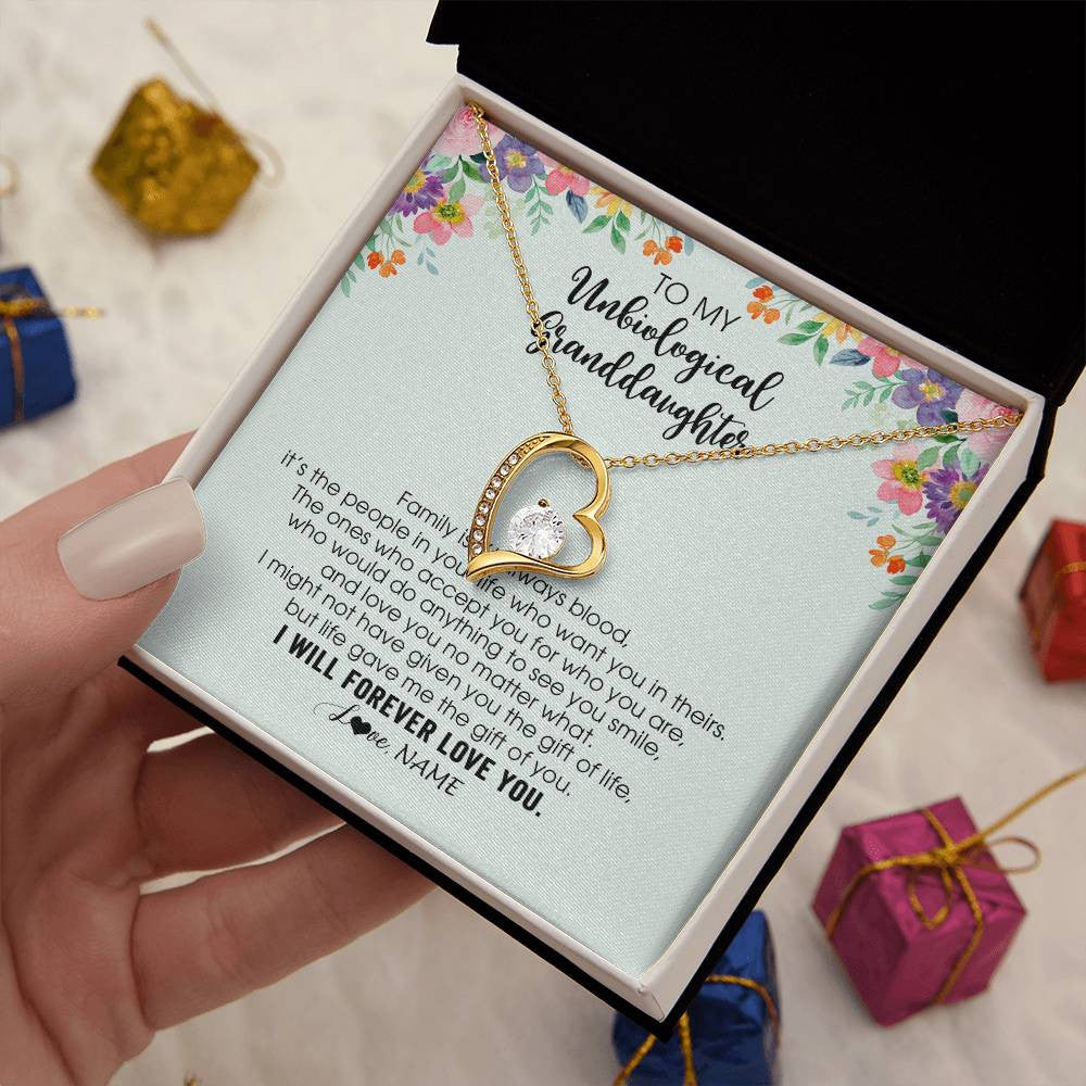 Forever Love Necklace 18K Yellow Gold Finish | 2 | Personalized To My Unbiological Granddaughter Necklace Family Isn't Always Blood Bonus Granddaughter Birthday Gifts Christmas Customized Gift Box Message Card | teecentury