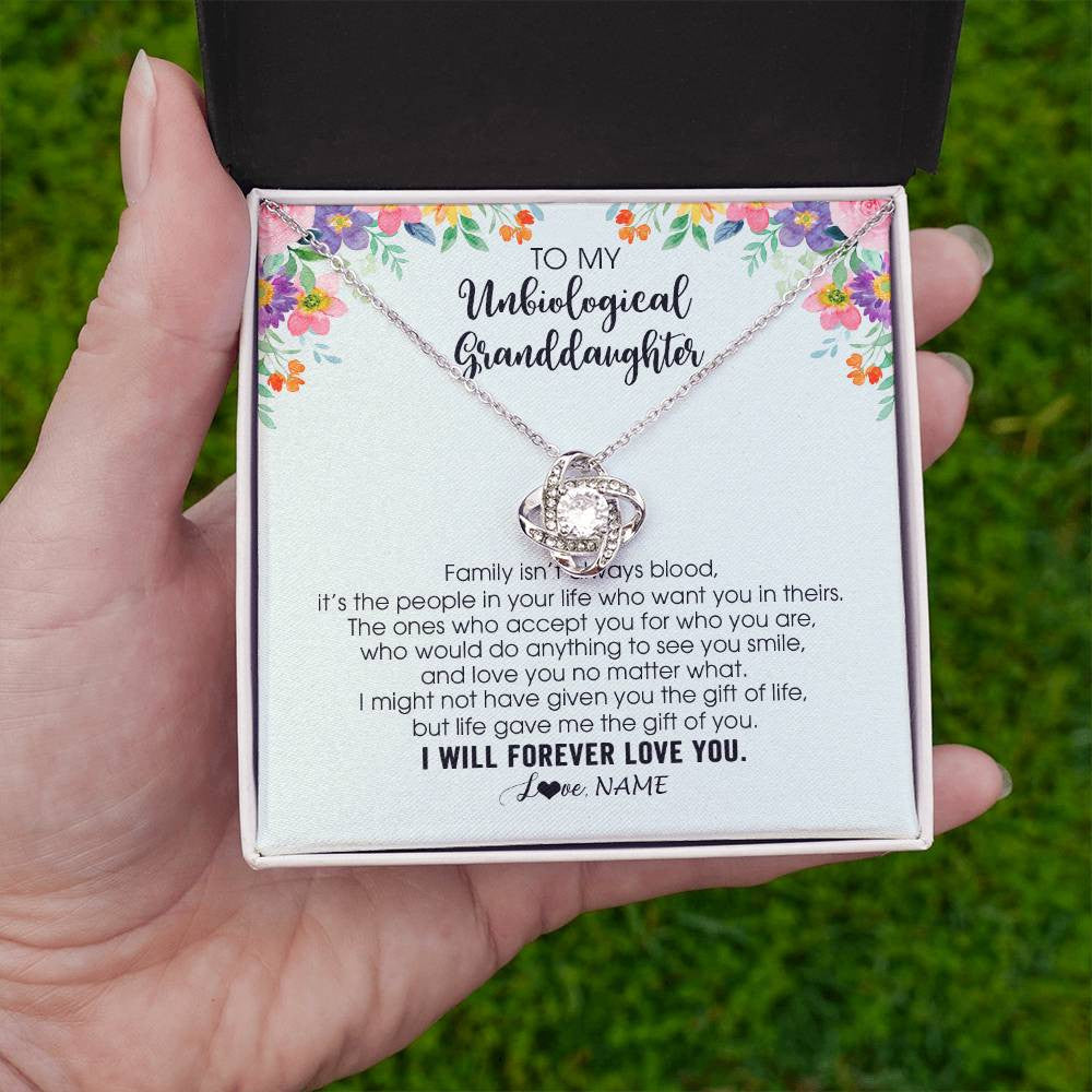 Love Knot Necklace 14K White Gold Finish | 2 | Personalized To My Unbiological Granddaughter Necklace Family Isn't Always Blood Bonus Granddaughter Birthday Gifts Christmas Customized Gift Box Message Card | teecentury