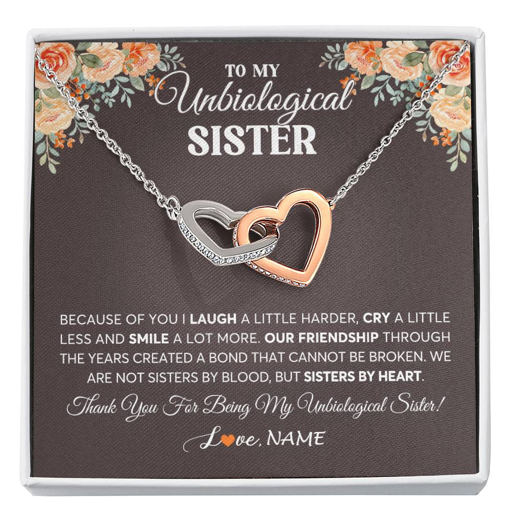 Interlocking Hearts Necklace Stainless Steel & Rose Gold Finish | 1 | Personalized To My Unbiological Sister Necklace From Sister By Heart Sister Friendship Best Friend Birthday Christmas Customized Gift Box Message Card | teecentury