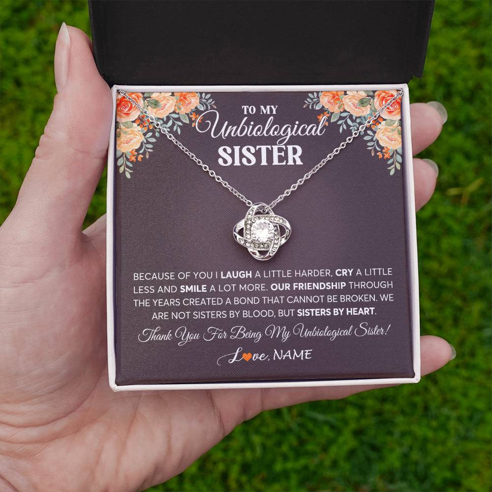 Love Knot Necklace 14K White Gold Finish | 2 | Personalized To My Unbiological Sister Necklace From Sister By Heart Sister Friendship Best Friend Birthday Christmas Customized Gift Box Message Card | teecentury
