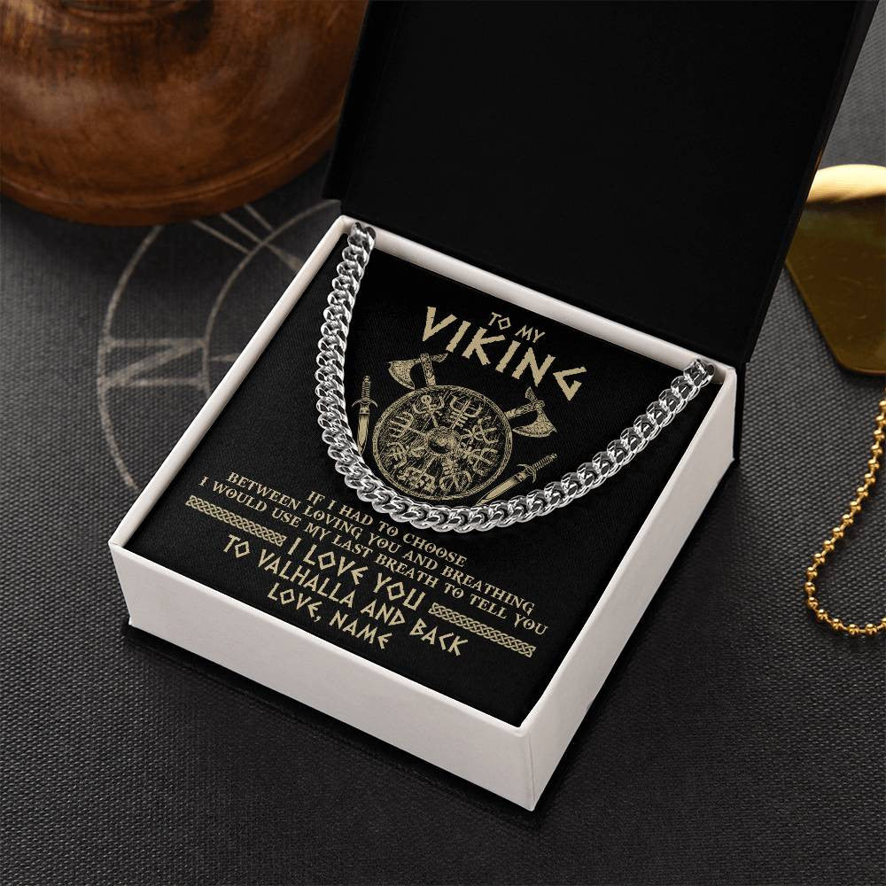 Cuban Link Chain Necklace Stainless Steel | 2 | Personalized To My Viking Necklace Husband From Wife I Love You To Valhalla Husband Fiancee Boyfriend Men Birthday Anniversary Day Customized Gift Box Message Card | teecentury