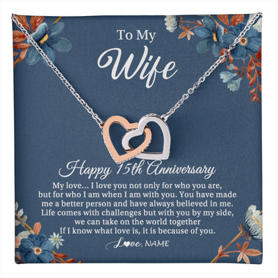 Interlocking Hearts Necklace Stainless Steel & Rose Gold Finish | 1 | Personalized To My Wife Necklace From Husband 15 Years Wedding Anniversary For Her 15th Anniversary For Her 15 Years Anniversary Customized Gift Box Message Card | teecentury