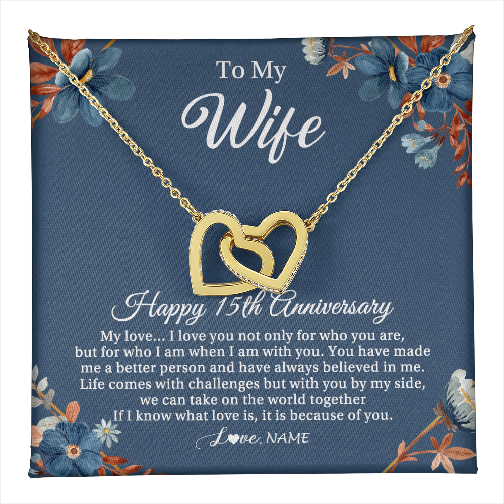 Interlocking Hearts Necklace 18K Yellow Gold Finish | 1 | Personalized To My Wife Necklace From Husband 15 Years Wedding Anniversary For Her 15th Anniversary For Her 15 Years Anniversary Customized Gift Box Message Card | teecentury