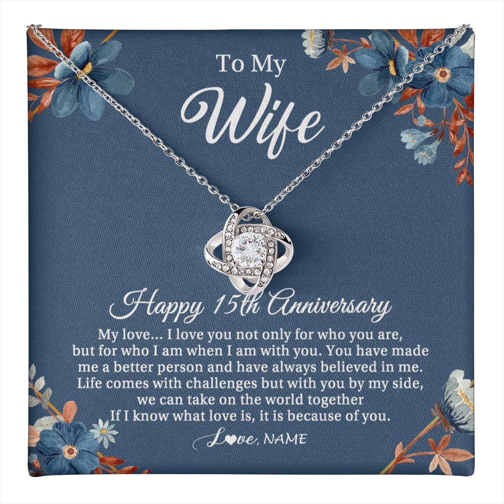 Love Knot Necklace 14K White Gold Finish | 1 | Personalized To My Wife Necklace From Husband 15 Years Wedding Anniversary For Her 15th Anniversary For Her 15 Years Anniversary Customized Gift Box Message Card | teecentury