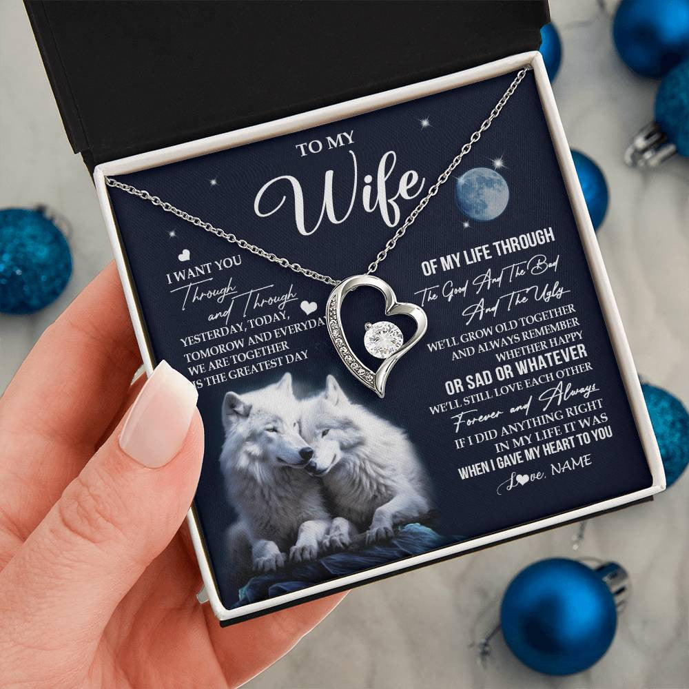 Forever Love Necklace 14K White Gold Finish | 2 | Personalized To My Wife Necklace From Husband I Want You Wolf Wife Birthday Anniversary Romantic Valentines Day Christmas Customized Gift Box Message Card | teecentury