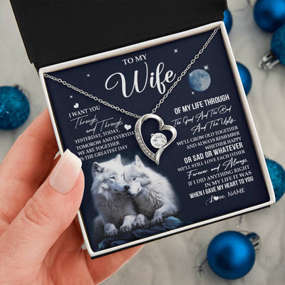 Forever Love Necklace 14K White Gold Finish | 2 | Personalized To My Wife Necklace From Husband I Want You Wolf Wife Birthday Anniversary Romantic Valentines Day Christmas Customized Gift Box Message Card | teecentury