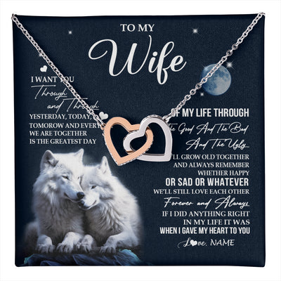 Interlocking Hearts Necklace Stainless Steel & Rose Gold Finish | 1 | Personalized To My Wife Necklace From Husband I Want You Wolf Wife Birthday Anniversary Romantic Valentines Day Christmas Customized Gift Box Message Card | teecentury