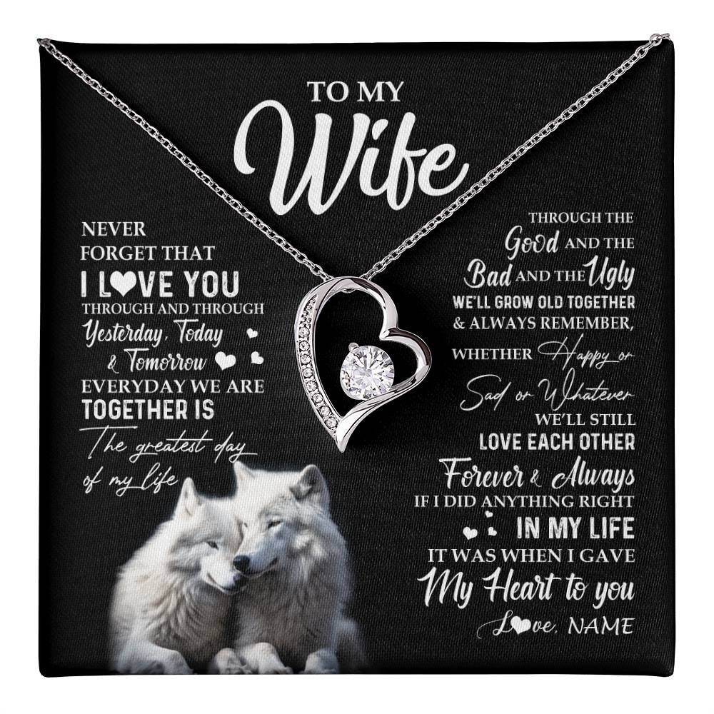 Forever Love Necklace 14K White Gold Finish | 1 | Personalized To My Wife Necklace From Husband Wolf Never Forget That I Love You Wife Wedding Anniversary Birthday Christmas Customized Gift Box Message Card | teecentury