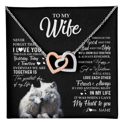 Interlocking Hearts Necklace Stainless Steel & Rose Gold Finish | 1 | Personalized To My Wife Necklace From Husband Wolf Never Forget That I Love You Wife Wedding Anniversary Birthday Christmas Customized Gift Box Message Card | teecentury