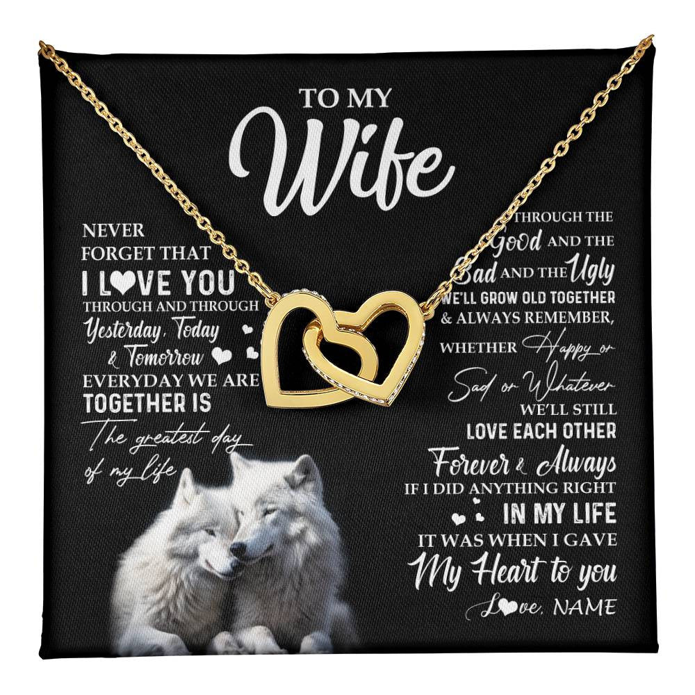 Interlocking Hearts Necklace 18K Yellow Gold Finish | 1 | Personalized To My Wife Necklace From Husband Wolf Never Forget That I Love You Wife Wedding Anniversary Birthday Christmas Customized Gift Box Message Card | teecentury