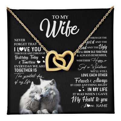 Interlocking Hearts Necklace 18K Yellow Gold Finish | 1 | Personalized To My Wife Necklace From Husband Wolf Never Forget That I Love You Wife Wedding Anniversary Birthday Christmas Customized Gift Box Message Card | teecentury