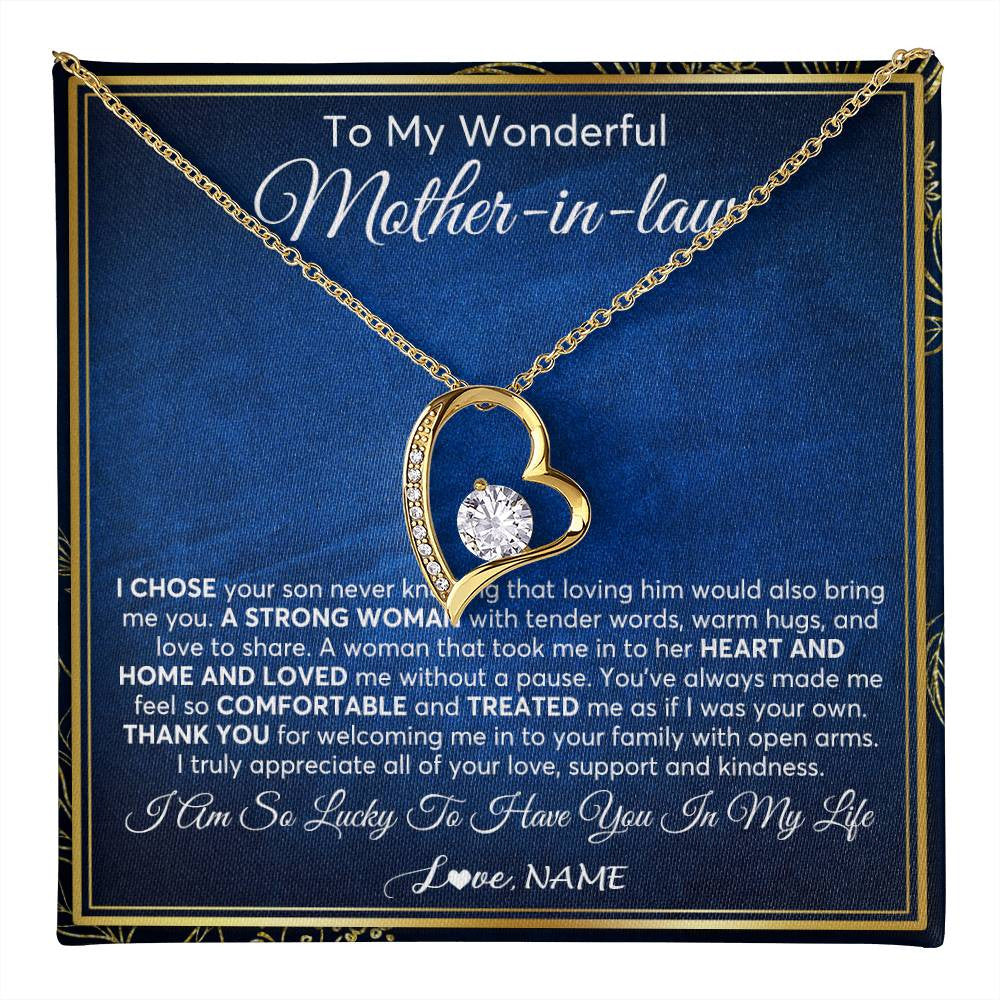 Forever Love Necklace 18K Yellow Gold Finish | 1 | Personalized To My Wonderful Mother In Law Necklace From Daughter In Law A Strong Women Mother Birthday Mothers Day Christmas Customized Gift Box Message Card | teecentury