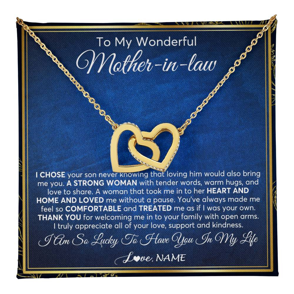 Interlocking Hearts Necklace 18K Yellow Gold Finish | 1 | Personalized To My Wonderful Mother In Law Necklace From Daughter In Law A Strong Women Mother Birthday Mothers Day Christmas Customized Gift Box Message Card | teecentury