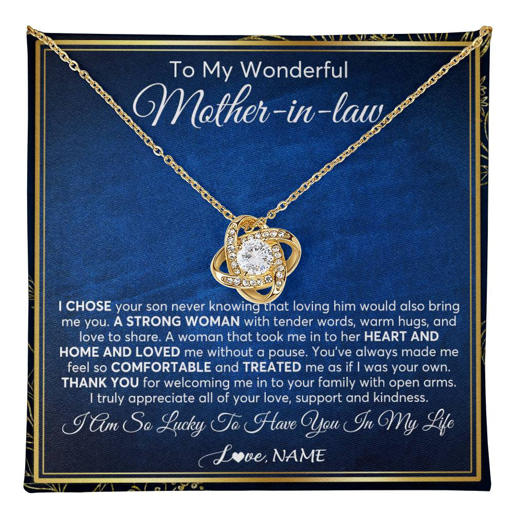 Love Knot Necklace 18K Yellow Gold Finish | 1 | Personalized To My Wonderful Mother In Law Necklace From Daughter In Law A Strong Women Mother Birthday Mothers Day Christmas Customized Gift Box Message Card | teecentury
