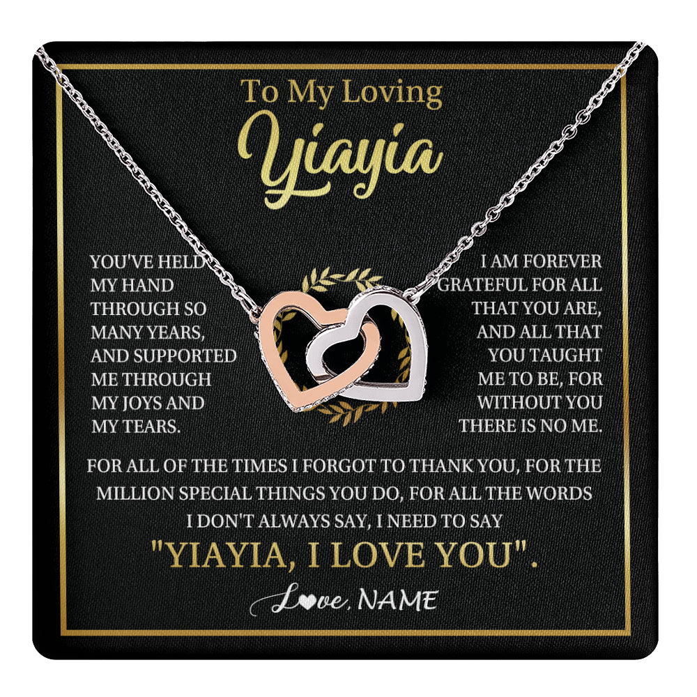 Interlocking Hearts Necklace Stainless Steel & Rose Gold Finish | 1 | Personalized To My Yiayia Gifts Necklace From Granddaughter Grandson Grateful Thank You Yiayia Birthday Mothers Day Christmas Customized Gift Box Message Card | teecentury