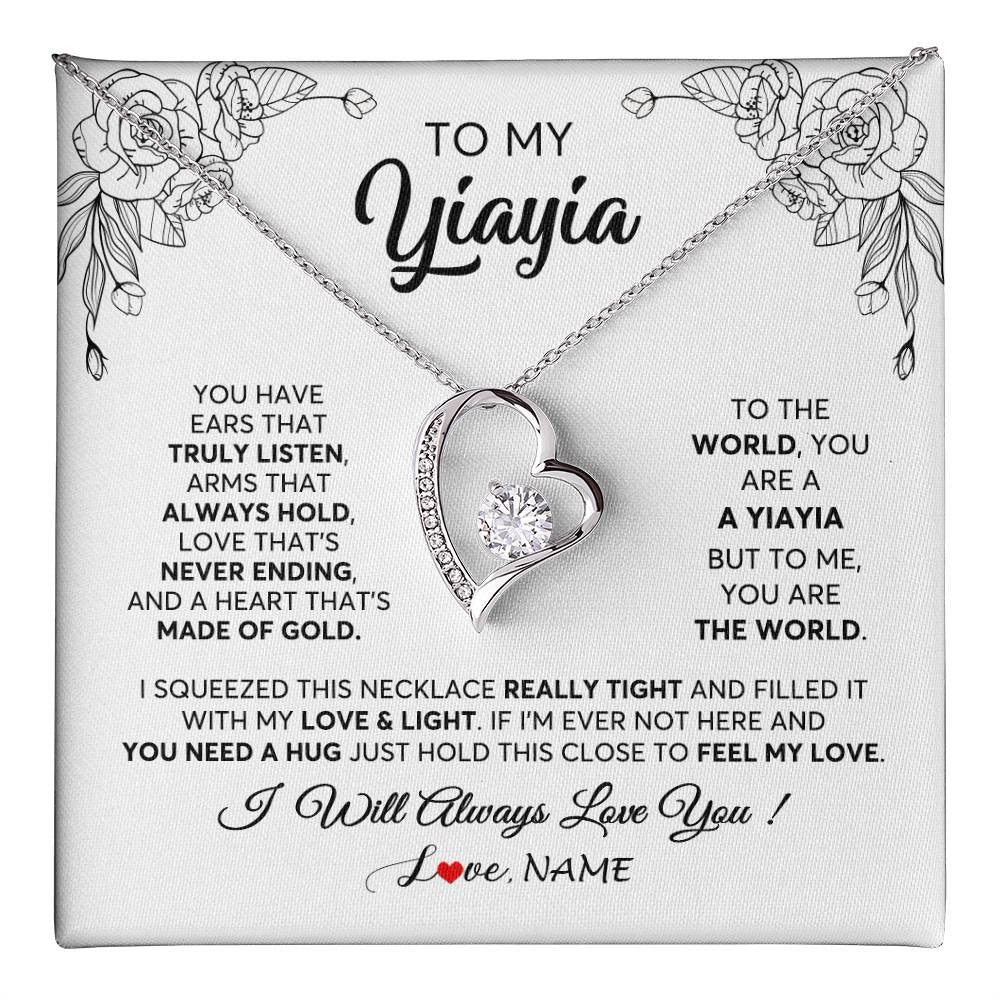 Forever Love Necklace 14K White Gold Finish | 1 | Personalized To My Yiayia Necklace From Grandkids Granddaughter Hold This Close Feel My Love Yiayia Birthday Mothers Day Customized Gift Box Message Card | teecentury