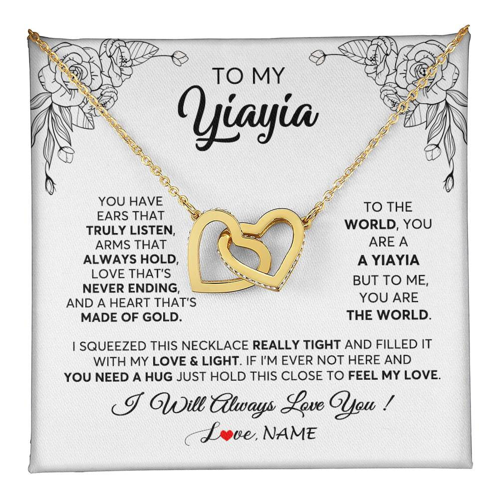 Interlocking Hearts Necklace 18K Yellow Gold Finish | 1 | Personalized To My Yiayia Necklace From Grandkids Granddaughter Hold This Close Feel My Love Yiayia Birthday Mothers Day Customized Gift Box Message Card | teecentury