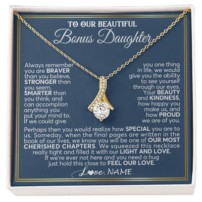 Alluring Beauty Necklace 18K Yellow Gold Finish | 1 | Personalized To Our Beautiful Bonus Daughter Necklace From Stepmom Stepdad Always Remember Stepdaughter Birthday Christmas Customized Gift Box Message Card | teecentury