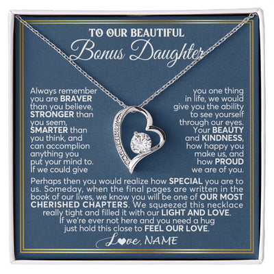 Forever Love Necklace 14K White Gold Finish | 1 | Personalized To Our Beautiful Bonus Daughter Necklace From Stepmom Stepdad Always Remember Stepdaughter Birthday Christmas Customized Gift Box Message Card | teecentury
