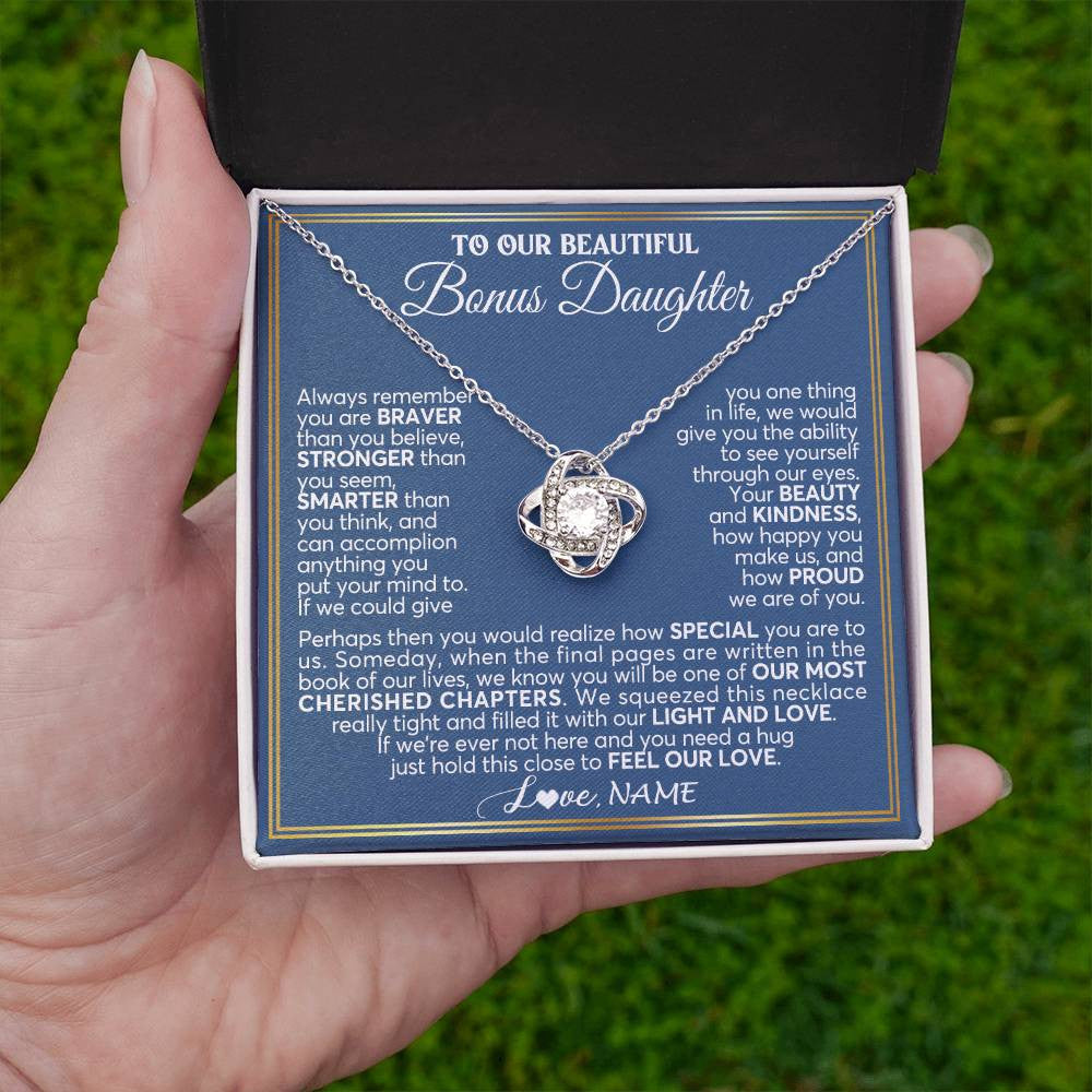 Love Knot Necklace 14K White Gold Finish | 2 | Personalized To Our Beautiful Bonus Daughter Necklace From Stepmom Stepdad Always Remember Stepdaughter Birthday Christmas Customized Gift Box Message Card | teecentury