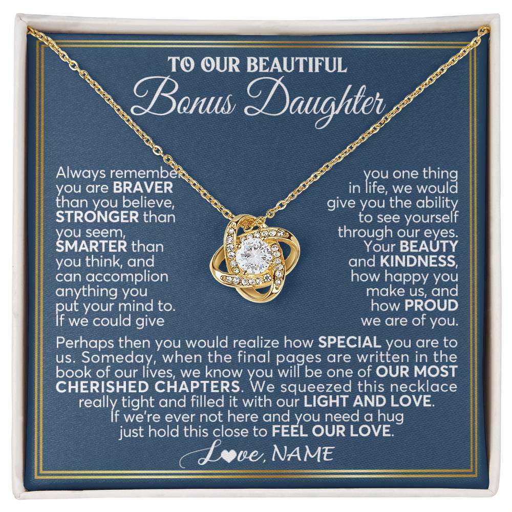 Love Knot Necklace 18K Yellow Gold Finish | 1 | Personalized To Our Beautiful Bonus Daughter Necklace From Stepmom Stepdad Always Remember Stepdaughter Birthday Christmas Customized Gift Box Message Card | teecentury