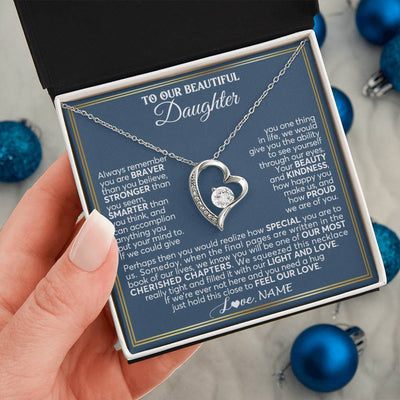 Forever Love Necklace 14K White Gold Finish | 2 | Personalized To Our Beautiful Daughter Necklace From Mom Dad Always Remember Daughter Birthday Graduation Christmas Customized Gift Box Message Card | teecentury