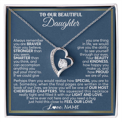 Forever Love Necklace 14K White Gold Finish | 1 | Personalized To Our Beautiful Daughter Necklace From Mom Dad Always Remember Daughter Birthday Graduation Christmas Customized Gift Box Message Card | teecentury