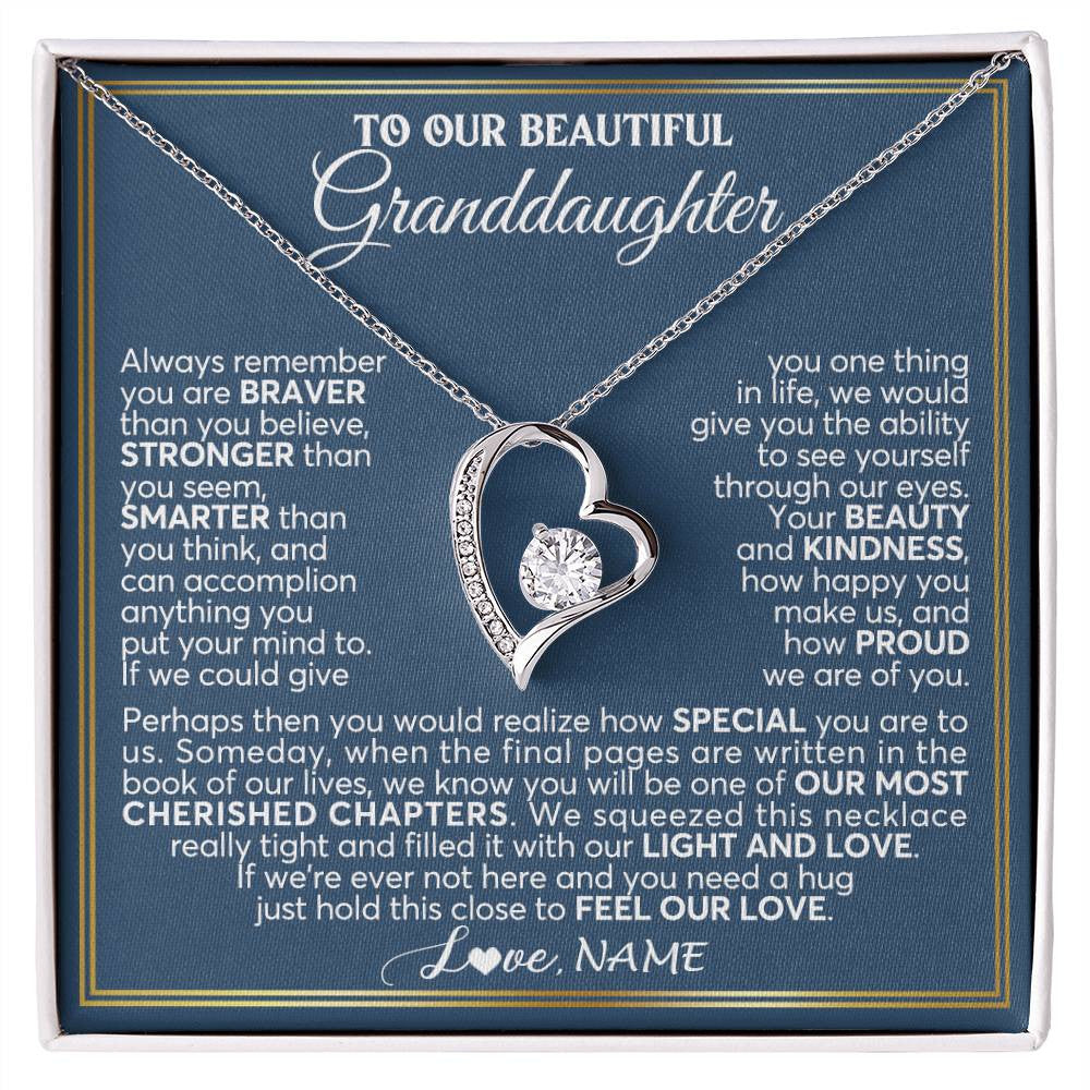 Forever Love Necklace 14K White Gold Finish | 1 | Personalized To Our Beautiful Granddaughter Necklace From Grandma Grandpa Always Remember Granddaughter Birthday Christmas Customized Gift Box Message Card | teecentury