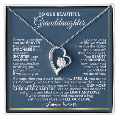 Forever Love Necklace 14K White Gold Finish | 1 | Personalized To Our Beautiful Granddaughter Necklace From Grandma Grandpa Always Remember Granddaughter Birthday Christmas Customized Gift Box Message Card | teecentury