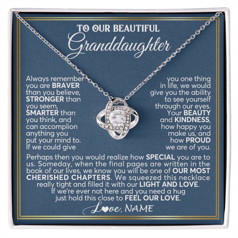 Love Knot Necklace 14K White Gold Finish | 1 | Personalized To Our Beautiful Granddaughter Necklace From Grandma Grandpa Always Remember Granddaughter Birthday Christmas Customized Gift Box Message Card | teecentury