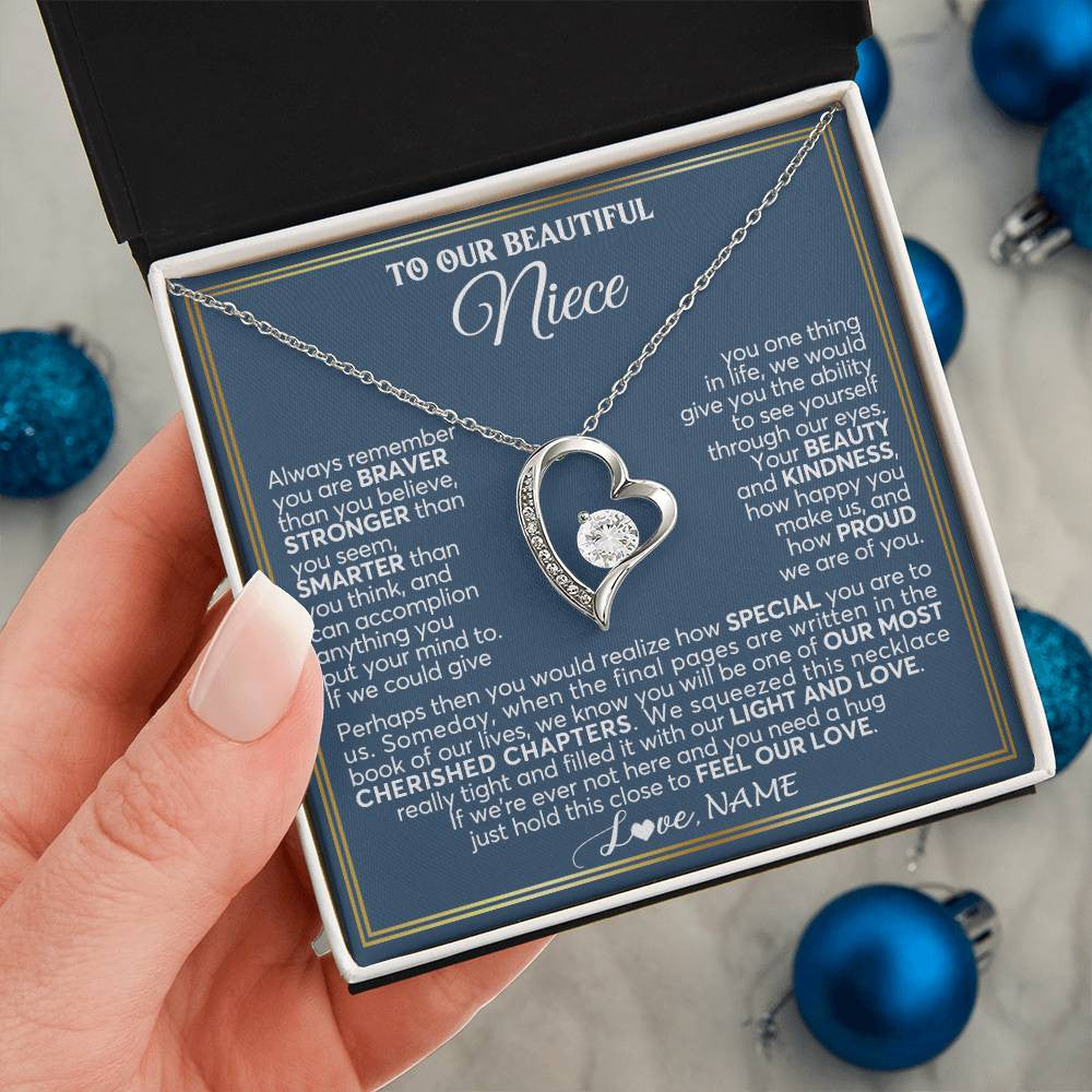Forever Love Necklace 14K White Gold Finish | 2 | Personalized To Our Beautiful Niece Necklace From Aunt Uncle Always Remember Stepdaughter Birthday Graduation Christmas Customized Gift Box Message Card | teecentury