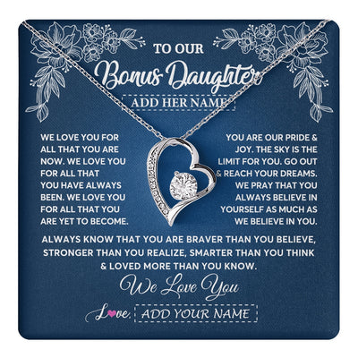 Forever Love Necklace 14K White Gold Finish | 1 | Personalized To Our Bonus Daughter Gifts From Stepmom Necklace We Love You Jewelry Present Gift Stepdaughter Birthday Christmas Custom Gift Box Message Card | https://teecentury.