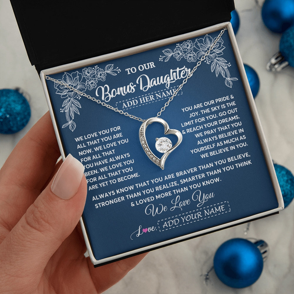 Forever Love Necklace 14K White Gold Finish | 2 | Personalized To Our Bonus Daughter Gifts From Stepmom Necklace We Love You Jewelry Present Gift Stepdaughter Birthday Christmas Custom Gift Box Message Card | https://teecentury.