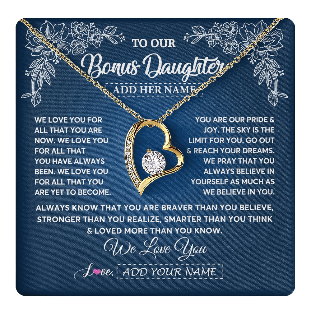 Forever Love Necklace 18K Yellow Gold Finish | 1 | Personalized To Our Bonus Daughter Gifts From Stepmom Necklace We Love You Jewelry Present Gift Stepdaughter Birthday Christmas Custom Gift Box Message Card | https://teecentury.