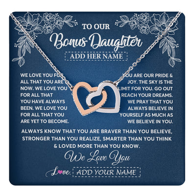 Interlocking Hearts Necklace Stainless Steel & Rose Gold Finish | 1 | Personalized To Our Bonus Daughter Gifts From Stepmom Necklace We Love You Jewelry Present Gift Stepdaughter Birthday Christmas Custom Gift Box Message Card | https://teecentury.