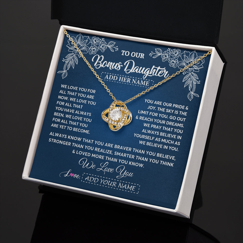 Love Knot Necklace 18K Yellow Gold Finish | 2 | Personalized To Our Bonus Daughter Gifts From Stepmom Necklace We Love You Jewelry Present Gift Stepdaughter Birthday Christmas Custom Gift Box Message Card | https://teecentury.