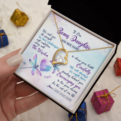 Forever Love Necklace 18K Yellow Gold Finish | 2 | Personalized To Our Bonus Daughter Gifts Necklace From Stepmom Stepdad Always Be Right Here Dragonfly Birthday For Stepdaughter Christmas Gift Box Message Card | https://teecentury.
