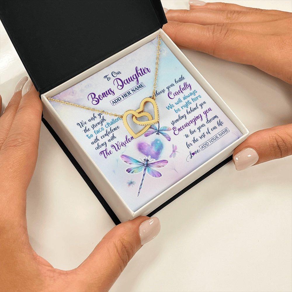 Interlocking Hearts Necklace 18K Yellow Gold Finish | 2 | Personalized To Our Bonus Daughter Gifts Necklace From Stepmom Stepdad Always Be Right Here Dragonfly Birthday For Stepdaughter Christmas Gift Box Message Card | https://teecentury.