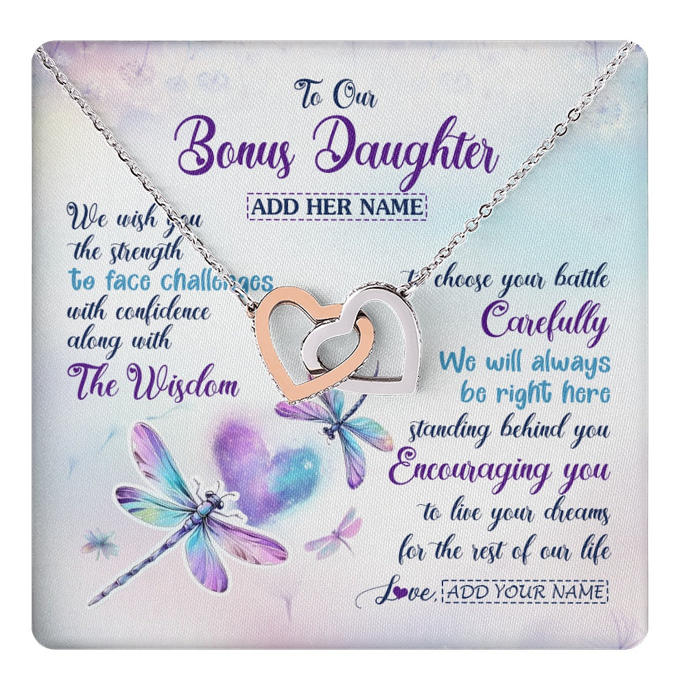 Interlocking Hearts Necklace Stainless Steel & Rose Gold Finish | 1 | Personalized To Our Bonus Daughter Gifts Necklace From Stepmom Stepdad Always Be Right Here Dragonfly Birthday For Stepdaughter Christmas Gift Box Message Card | https://teecentury.