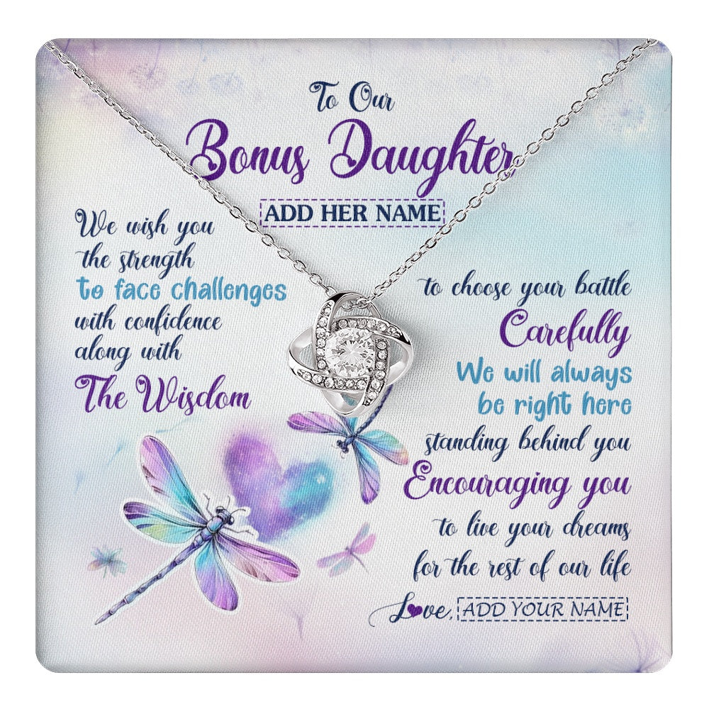 Love Knot Necklace 14K White Gold Finish | 1 | Personalized To Our Bonus Daughter Gifts Necklace From Stepmom Stepdad Always Be Right Here Dragonfly Birthday For Stepdaughter Christmas Gift Box Message Card | https://teecentury.